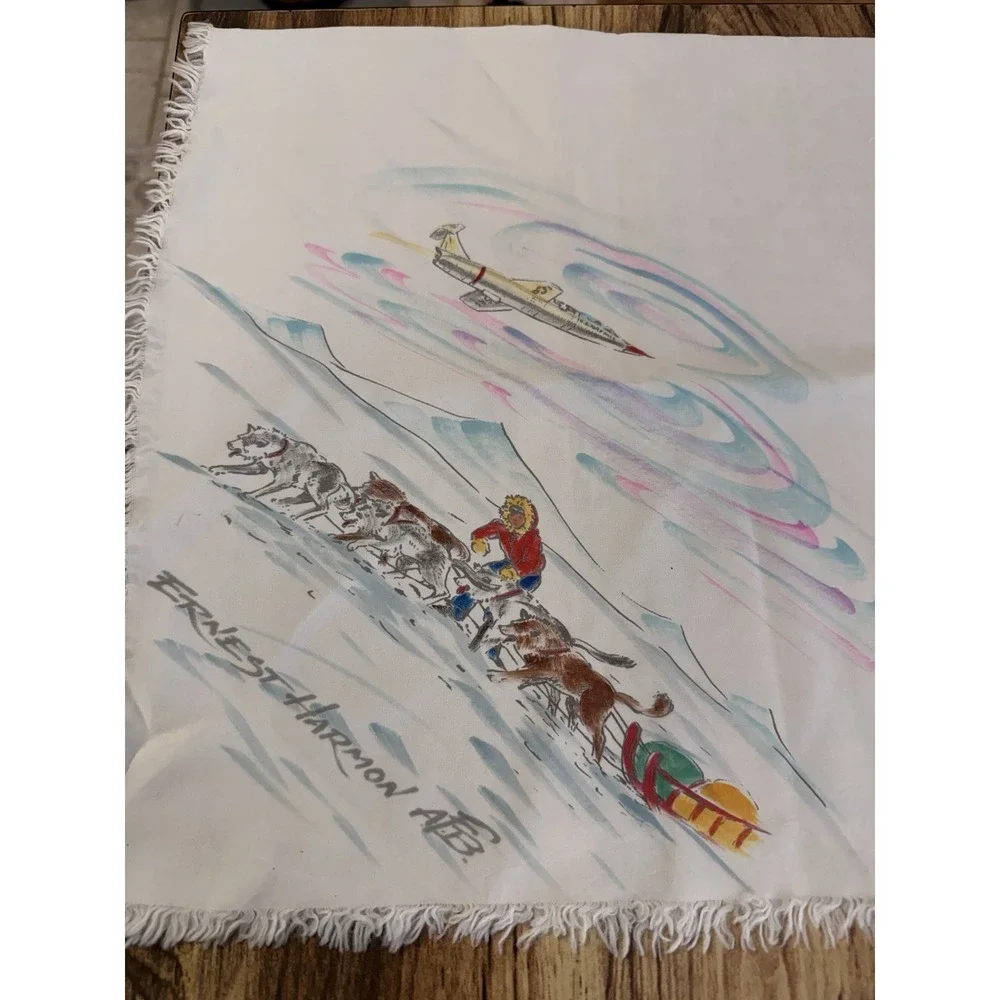 Vintage Ernest Harmon AFB Newfoundland Souvenir Scarf Silk Dog Sled Jet Pilot